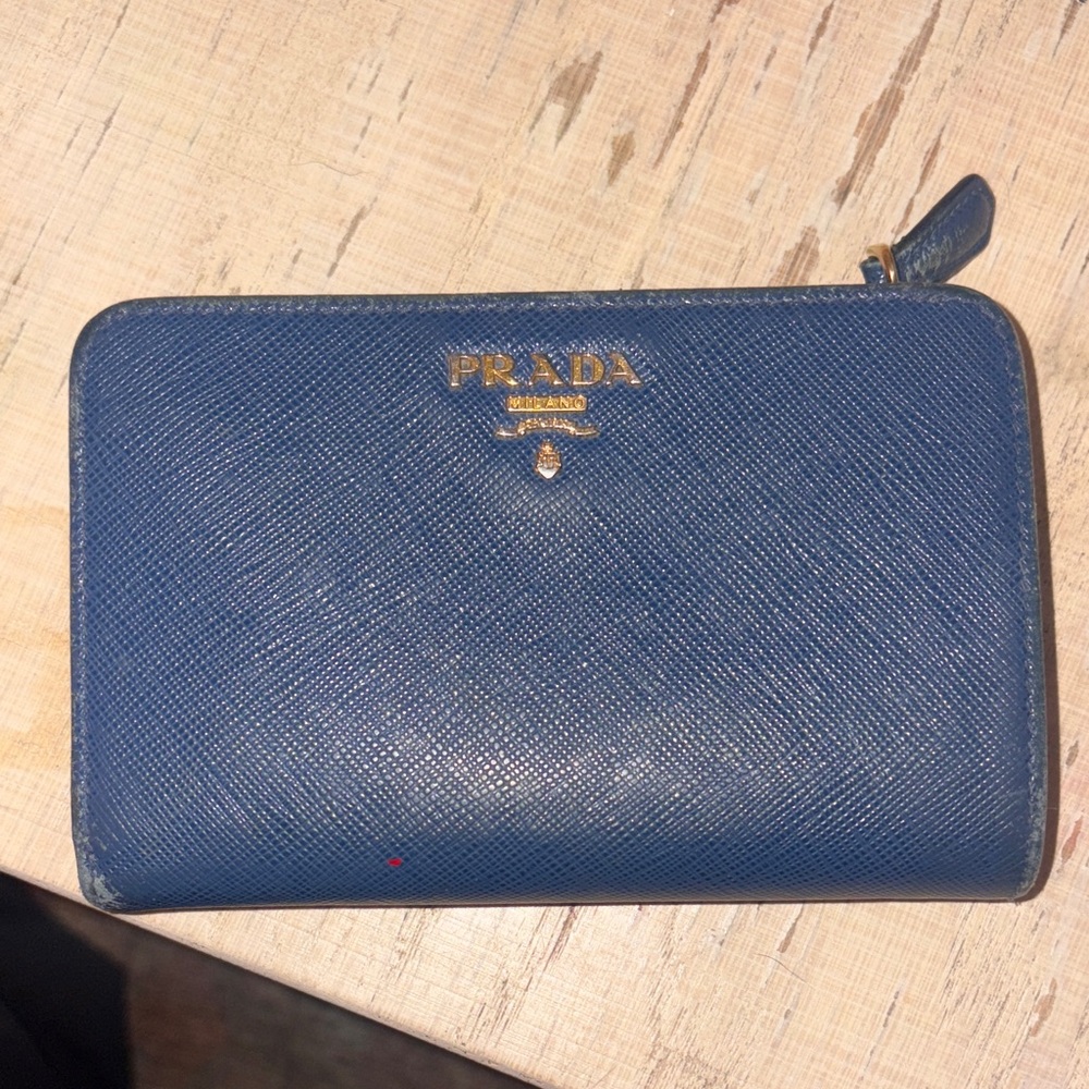 Prada Blue Saffiano Zip Wallet with Gold Logo